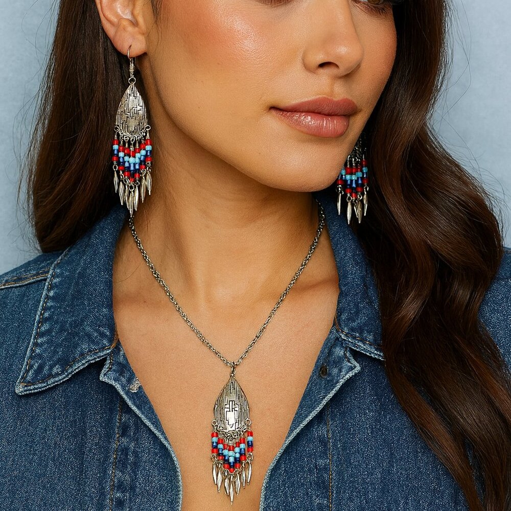 Native American Inspired Beaded Silver Tone Necklace & Earring Set